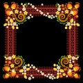 Folk style textile embroidery with flowers and place for text on a dark background Royalty Free Stock Photo