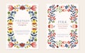 Folk vector invitations, flyers or advertising templates in Nordic style, hygge designs or prints. Symmetrical ethnic