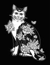 Folklore Cat With Flowers And Butterfly Tattoo.