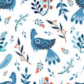 Vector seamless pattern with blue bird, branches, leaves and berries in a folk art style. Flat design. Isolated on white Royalty Free Stock Photo