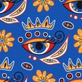 Folkloric Seamless Pattern with Mystical Eye and Crown, Nature Inspired Design Element