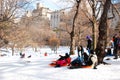 Folks enjoy a snow day sledding on a hill