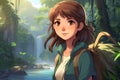 a girl with a backpack in a jungle with a waterfall in the background Journey of Self-Discovery