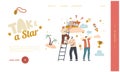 Follow Dream Landing Page Template. Characters Climb Ladder Up to Cloud, Imagine Success and Wealth. People Taking Star