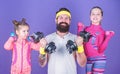 Follow father. Girls cute kids exercising with dumbbells with dad. Motivation and sport example concept. Children repeat