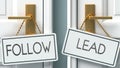 Follow and lead as a choice - pictured as words Follow, lead on doors to show that Follow and lead are opposite options while