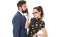 Follow the leader. Sexy woman touch man beard. Business woman rule businessman. Couple in love. Having affair. Love Royalty Free Stock Photo