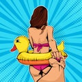 Follow me concept. Girlfriend in bikini leading man holding hand. Pop art retro vector illustration
