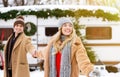 Follow Me. Girl Leading Boyfriend To Woods During Winter Camping With Campervan