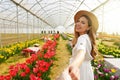 Follow me between tulips in spring time. Young woman holding man hand smiling looking back between rows of tulip flowers Royalty Free Stock Photo