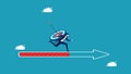 Follow progress goals. Businessman with a goal running on an arrow pointing forward