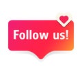Follow us. Button with red heart on white background.