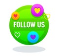 Follow Us Memphis Colorful Banner, Icon, Card for Social Media Networks and Follower Attraction, Typography with Hearts