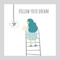 Follow your dream card, postcard, poster with girl, star, ladder, text space Royalty Free Stock Photo