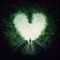 Follow your heart concept, beautiful painting style. Melancholic person comes out of a marvelous green forest, walking the path to