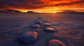 Follow the Zen path of stones on a widescreen sunset, a tranquil journey into the calming embrace of nature. Ai Generated Royalty Free Stock Photo