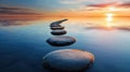 Follow the Zen path of stones on a widescreen sunset, a tranquil journey into the calming embrace of nature. Ai Generated Royalty Free Stock Photo