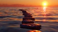 Follow the Zen path of stones on a widescreen sunset, a tranquil journey into the calming embrace of nature. Ai Generated Royalty Free Stock Photo