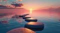 Follow the Zen path of stones on a widescreen sunset, a tranquil journey into the calming embrace of nature. Ai Generated Royalty Free Stock Photo