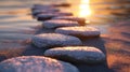 Follow the Zen path of stones on a widescreen sunset, a tranquil journey into the calming embrace of nature. Ai Generated Royalty Free Stock Photo