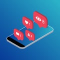 Follower isometric phone notification symbol for application instagram. App button for social media. Vector illustration icon