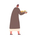 Follower of Jesus Holds Tray with Bread and Fish. Believing Man Gives Food to Hungry People. Cartoon Vector Illustration Royalty Free Stock Photo