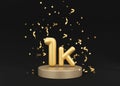 1000 followers card with golden confetti on black background. Banner for social network, blog. 1k followers or likes Royalty Free Stock Photo