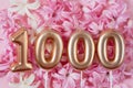 1000 followers card. Template for social networks, blogs. Background with pink flower petals