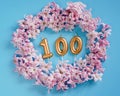 100 followers card. Template for social networks, blogs. Background with pink flower petals