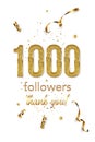 1000 followers celebration vertical vector banner. Social media achievement poster. One thousand followers thank you