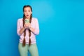 Followers dislike blog post. Portrait of frustrated emotional youth crazy girl look speechless her smartphone got Royalty Free Stock Photo