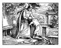 The Prodigal Son Returns Home and Kneels Before His Father vintage illustration