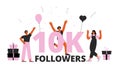 Followers 10K anniversary vector banner. Subscribers celebrate, happy teens party with confetti and gifts. Social media Royalty Free Stock Photo