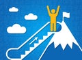 Following dreams and achieving success. Person on mountain top and moving staircase, blue background. Illustration Royalty Free Stock Photo