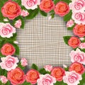 Botanic template frame with pink white and orange colors of roses on weave background