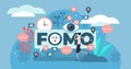 FOMO vector illustration. Tiny fear of missing out anxiety persons concept. Royalty Free Stock Photo