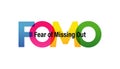 FOMO word vector illustration. Joy Of Missing Out. Colored rainbow text. Vector banner. Corporate concept. Gradient Text