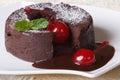 Fondant chocolate cake with cherries and mint on a dish