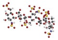 Fondaparinux anticoagulant drug molecule. 3D rendering. Atoms are represented as spheres with conventional color coding: hydrogen