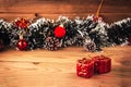Festive Christmas or Advent background - Christmas decoration on rustic wood Royalty Free Stock Photo