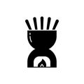 Fondue bowl, silhouette icon. Outline pictogram of ceramic pot with forks. Black illustration of special heated cookware for