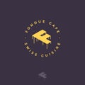 Fondue Cafe logo. F monogram. Yellow letter F with melted cheese and letters in a circle.