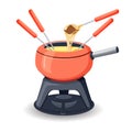 Fondue pot with assorted delicious traditional swiss cheese with burner and long handled forks with bread for dipping on