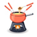 Fondue pot with assorted delicious traditional swiss cheese with burner and long handled forks with bread for dipping on