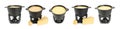 Fondue pot with melted cheese isolated on white, collage Royalty Free Stock Photo