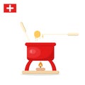 Fondue. Red jar with melted cheese and forks strung with sliced bread