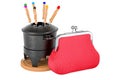 Fondue set with purse coin, 3D rendering