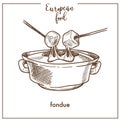 Fondue sketch icon for European Swiss food cuisine menu design