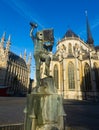 Fonske statue and fountain on central square of Leuven city, Belgium Royalty Free Stock Photo