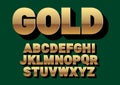 Font alphabet. Gold style, sanserif font with long shadow